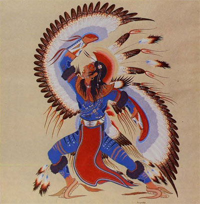 Painting of an eagle dancer in colorful regalia, mid dance, arms outstretched with feathers attached to mimic wings.