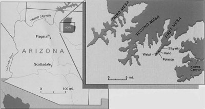 Map of Arizona with inset showing three mesas, four cities labeled on the first mesa.