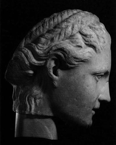Fig. 4. The Hope Head, proper right profile. Note the uncovered ear, the wing of hair overlapping the braids, and the strands along the neck. Compare these renderings with the opposite profile view.