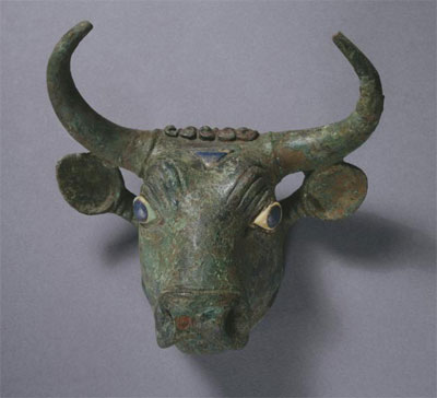 Bronze calf head with blue eyes.