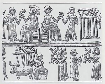 Drawing of a cylinder seal impression, two registers of people playing music.