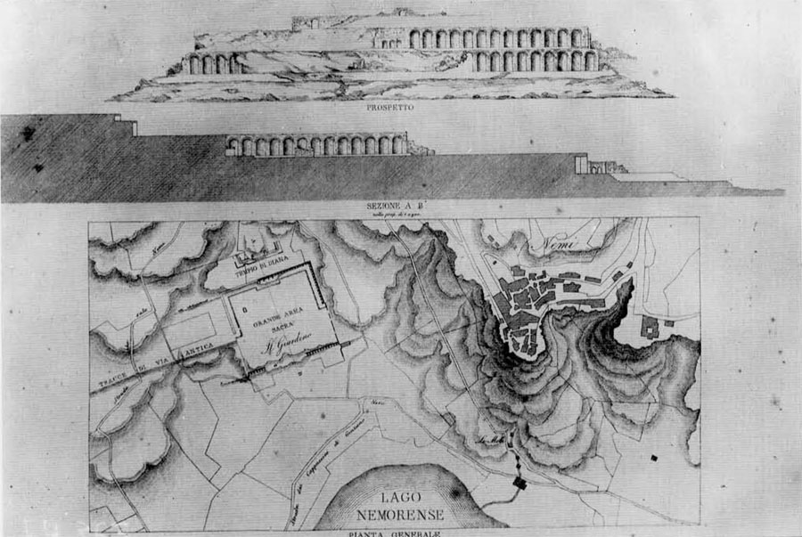 The layout of the Sanctuary in a drawing made by the architect Pietro Rosa, 1856. A general plan is at the bottom, the elevation of the site at the tiop, and a section through the rising terraces in the middle of the figure. (Deutschen Archaologischen insituts, Rome, neg. 54.367)