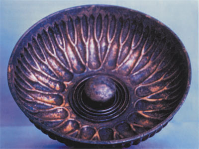 Fig 5. Bronze-petaled drinking bowl, interior view. The bottom indentation (omphalos of "belly button") enables it to be grasped easily for drinking.