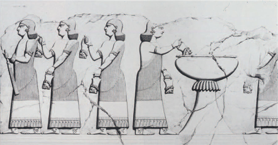 Wall relief from the palace of the Assyrian king Sargon II at Khorsabad in modern-day Iraq, ca. 710 BC. Male attendants are shown serving a beverage - most likely wine - by dipping lion-headed buckets into a large vat. Similar serving vessels from the '<a target=