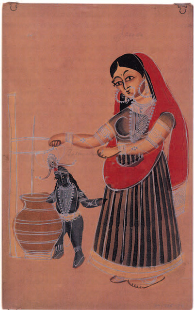 Kalighat painting on cardboard. Image of Krishna and Jasoda. Krishna as a blue-skinned boy, and his mother, Jasoda, who has caught him stealing butter from the churn on the left. Folk art style with thin, bright pigments loosely applied. Some silver paint.