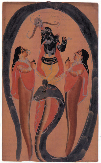 Kalighat painting on cardboard. Image of Krishna and the Nagas. Blue-skinned Krishna is playing a flute and dancing on the head of a large snake. Two snake-bodied princesses. Folk art style with thin, bright pigments loosely applied. Some silver paint.