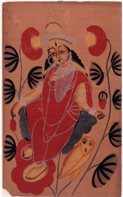 Kalighat painting on cardboard. Image of Goddess Amba. Female figure seated on lotus with an owl. Folk art style with thin, bright pigments loosely applied. Some silver paint.