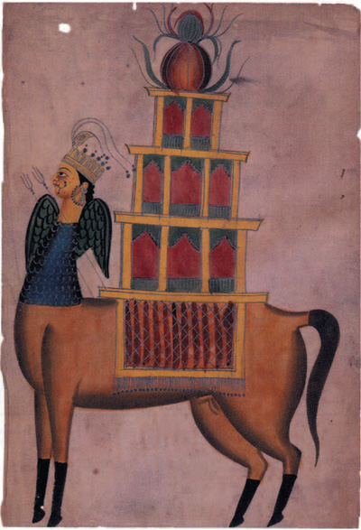 Kalighat painting depicting model of the tomb of Hassan and Hussein at Karbala perched on the back of a centaur.