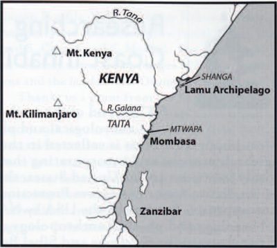 The East African coastal archaeological sites of the Mtwapa and Shanga are shown in relationship to the hinterland Taita region.