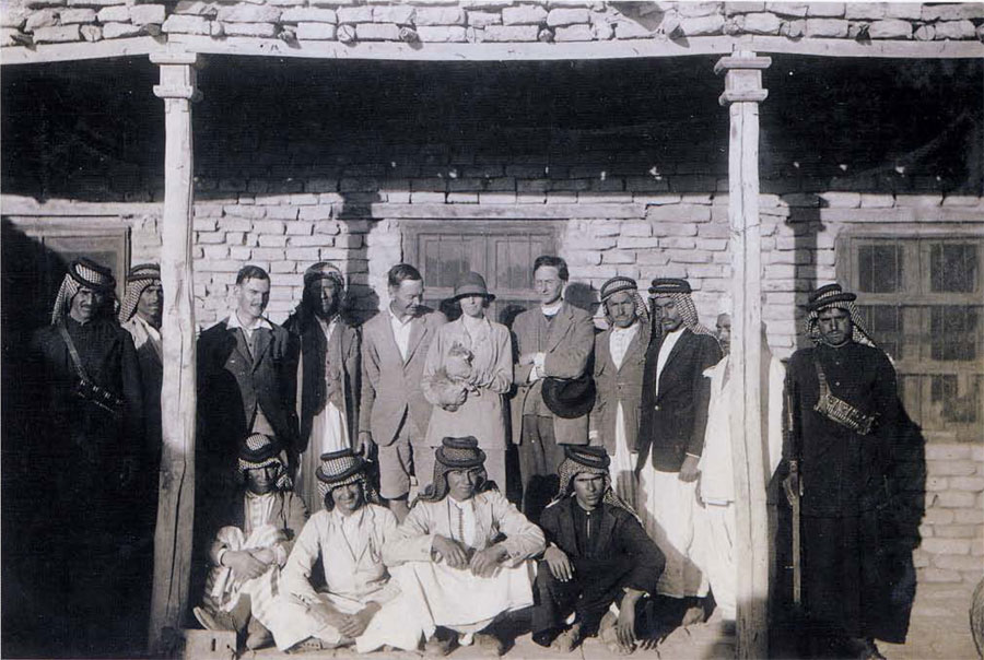 Expedition house and staff, 1928-29. Max Mallowan (third from left), Hamoudi, C. Leonard Wolley, Katherine Wolley, Father Eric R. Burrows.