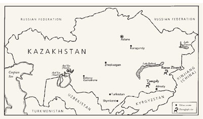 Map of Kazakhstan with petrology sites featured in article. 