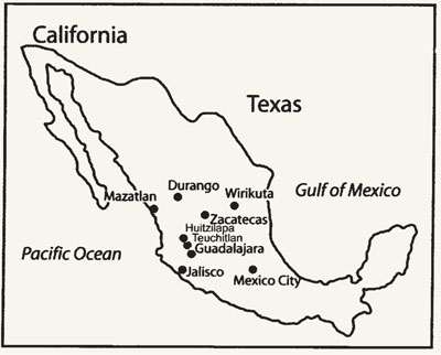 This map of west Mexico illustrates the geographical closeness of the home of the ancient cultures of Jalisco, Colima, and Nayarit to the modern area of the Huichol, a culture that maintains its Precolumbian identity and religious practices, including shamanic trance and visions.