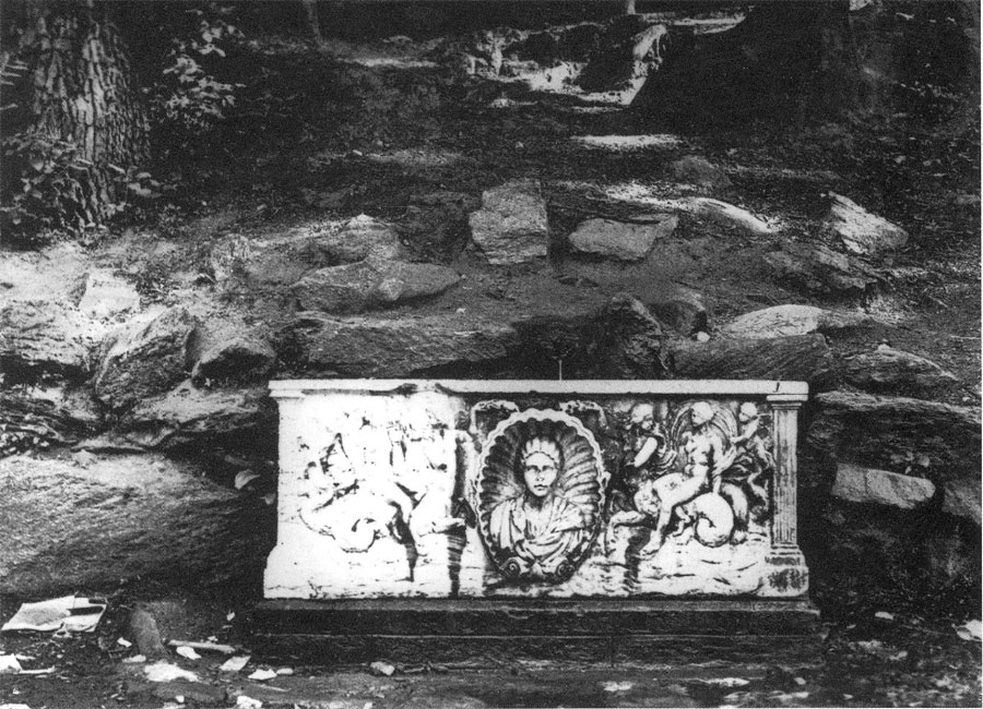 Undated period photo from the Fairmount Park Commission of the MacFarland spring sarcophagus. 