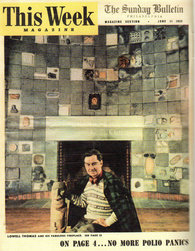 This Week Magazine of The Sunday Bulletin featured Lowell Thomas and his "History of Civilization" fireplacem June 11, 1950.Courtesy of Urban Archives, Temple University. Used with permission.