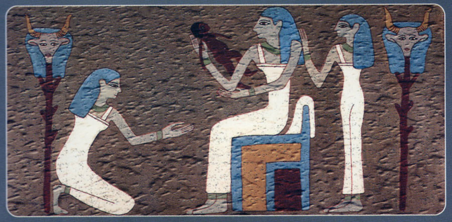 Reconstruction of the painting on a birth brick showing a seated mother holding her baby, two women attending her.