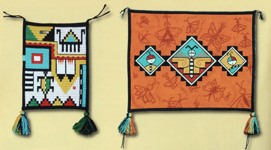 Left, this small wall hanging, entitled “One Corn Kernel,” was inspired by the giving and trading between Shawn’s relatives. In his youth, Shawn’s grandpa made the journey nearly 200 miles to the west to visit his Tewa-Hopi friends and relatives. Before returning, he often received gifts of Hopi baskets, embroi- dered textiles, and other goods, including songs and dances. A large basketry plaque that he was given inspired the creation of this wall hanging. In Shawn’s words, “This piece honors the creativity of all Hopi basket makers. I embroidered it to resemble Hopi coiled basketry.” The piece combines several design motifs commonly seen on Hopi basketry. Four small dotted squares represent the four colors of corn including blue, yellow, white, and red. The red kernel has tumbled down to the lower right corner of the piece. Right, entitled Puganíní, “Pueblo Butterflies,” this wall hanging has three animated butterflies embroidered within its central diamond motifs, surrounded by a multitude of others that are painted on the cloth’s surface. “Butterflies are one of the favorite designs of the Pueblo people,” notes Shawn. “They are found on everything from pottery to textiles, baskets, dance headdresses (tablitas), and paintings. They bring happiness and joy into the world. The butterflies on this wall hanging include designs from all Pueblo communities, including Hopi.” He splattered additional pigment to represent mist and motion. This piece was influenced by Shawn’s experience as a potter as well as his avid interest in his ancestors’ ancient decorative textile techniques. It expresses Pueblo narrative history and tradition in new and unique ways.