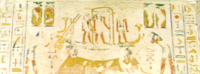 Section from the Book of the Earth from a tomb wall showing a sun god on a barge on top of a sphinx.
