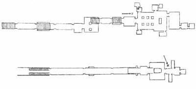 Dranw diagram of tomb layouts and walls, both in a straight line.
