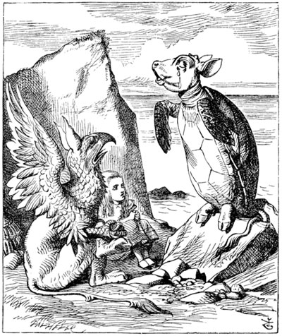 Drawing of the mock turtle and grypon on a beach with Alice from Alice in Wonderland.