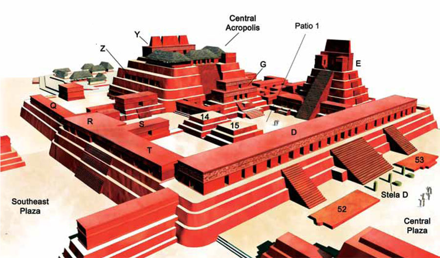 A drawn reconstruction of the Acropolis of Nakum, with sparts labeled. Stepped pyramids and walls feature prominently.