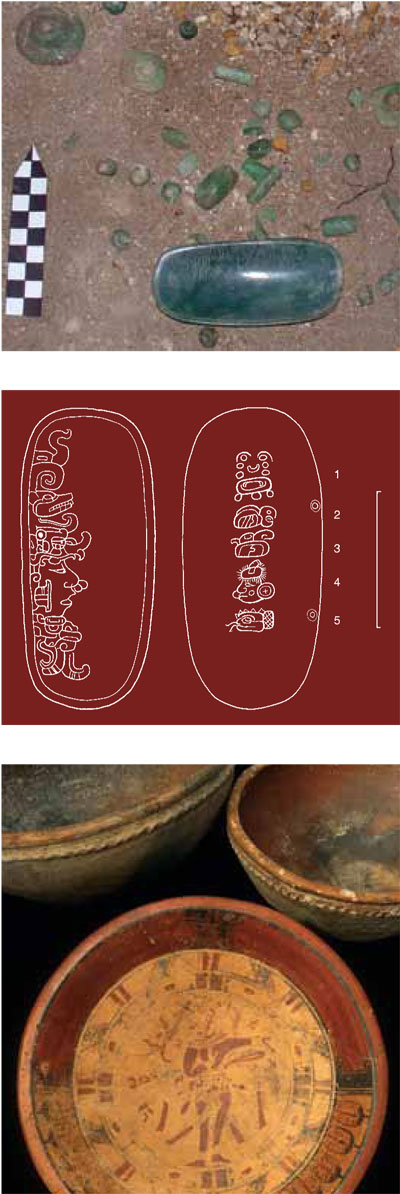 A pectoral in situ, other jade beads surrounding it. A transcription of the glyphs found on the jade pectoral. A plate found at the burial with a figure shown in the middle, surrounded by geometric decoration.