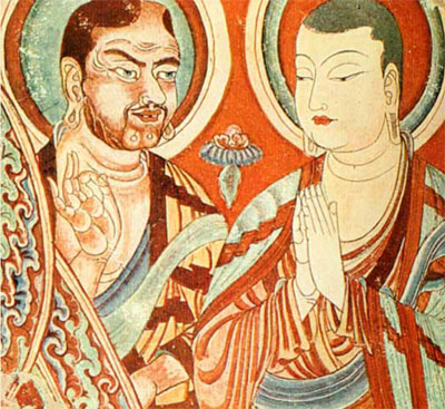 West meets East at Bezeklik in the 9th to 10th century CE. Here we see a “western” and an oriental monk depicted together.