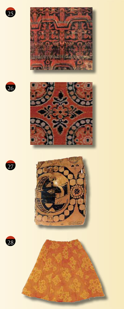 A textile fragment with depictions of animals, a textile fragment with a symmetrical geometric pattern, a textile fragment depicting a boar head, and an orange skirt with floral design.