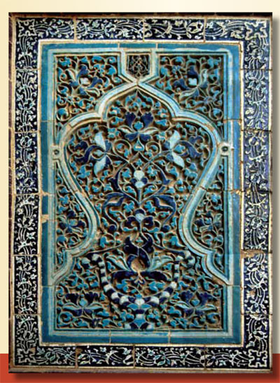 An extremely intricately patterned blue tile.