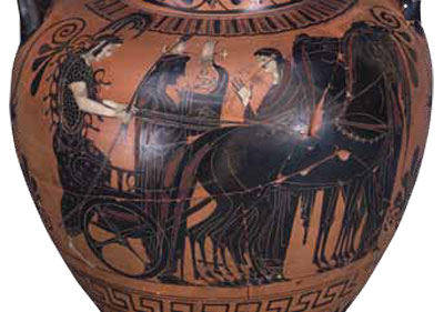 lightly later is an Attic Black Figure amphora (L-64- 180) from around 520–510 BC that depicts a beautifully arrayed Athena ascending her chariot drawn by a magnifi - cent team of four jet black stallions (12) .