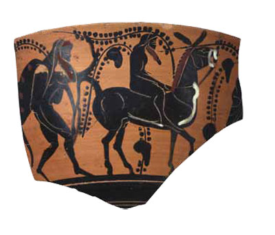 The ca. 500 BC Attic Black Figure kyathos (MS 4863-12) is a small one-handled drinking cup (4) whose decorations often deal with Dionysos, the god of wine.