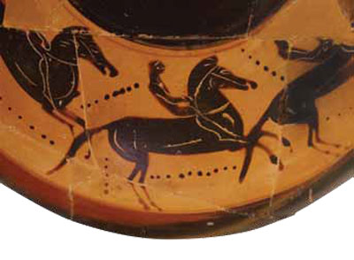 Their driver (auriga in Greek) is crowned by a flying winged Victory or Nike. The late 6th century BC Attic Black Figure pyxis lid (MS 4845) shows three horses racing (8).