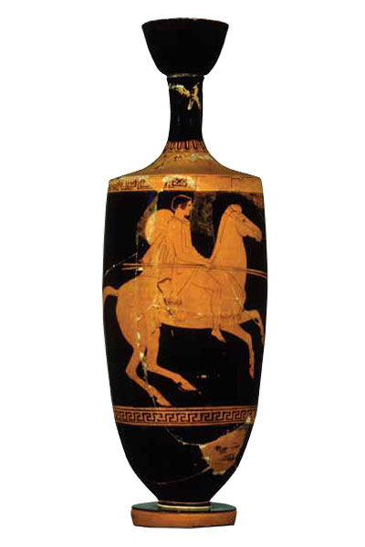The Achilles Painter, a major Athenian Red Figure art - ist, is the artist of this elegant vase (30-51-2). Dated to 475–450 BC, it is a striking portrayal of a warm-blooded stallion and his aristocratic rider. 