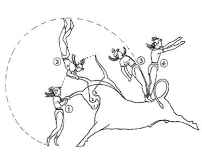 a sketch of how a person would leap over a bull, in four steps.