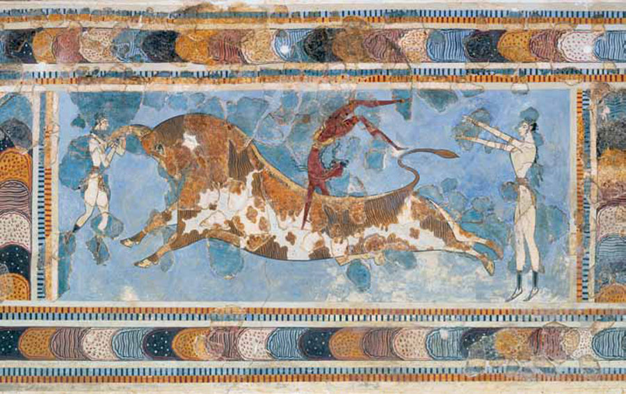 Colorful fresco of a figure somersaulting backward on a bulls back, with two figures on either side of the bull.