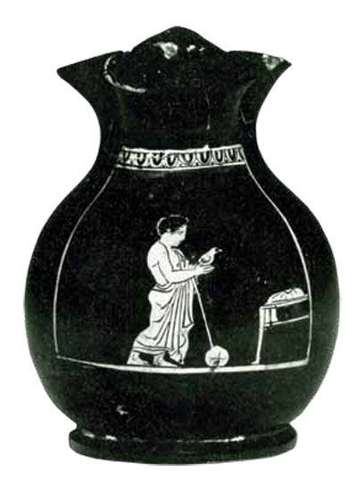 Pottery vessel depicting a boy holding a bird in his hands.