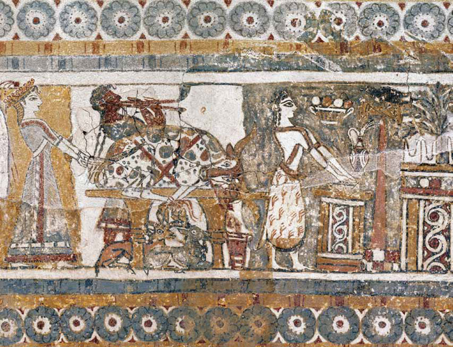 Depiction of a bull sacrifice and musical procession painted on a sarcophagus.