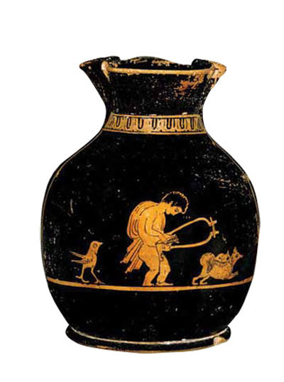 Pottery vessel depicting a boy playing an instrument while a dog runs around him.