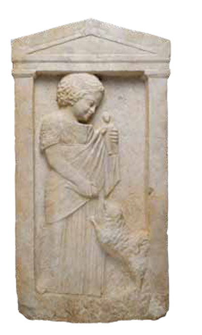 Stele depicting a young girl holding a doll and a bird, a dog at her feet jumping on her.