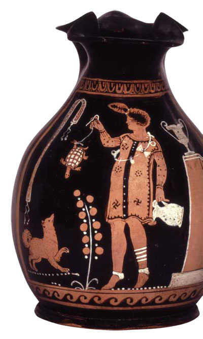 Pottery vessel depicting a girl playing with a tortoise on a string.
