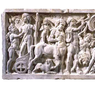 As a final example of equine-wheeled conveyance we find two half-horse, half-human centaurs (13) sculpted on a marble tomb loculus or cover slab (MS 4017) from the Museum’s Roman Gallery