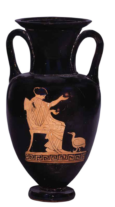 A red figure amphora dating to 470–460 BC shows a woman spending her leisure time playing ball (a ball is in each hand) while a goose looks on. 