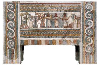 Depiction of a procession of offerings to an altar painted on the side of a sarcophagus.