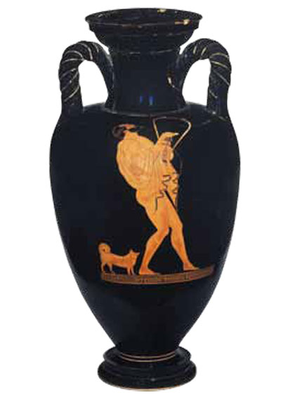 Amphora depicting a man playing instrument, a dog follows behind him.