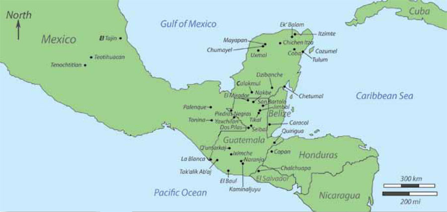 Map of where Maya sites have been found in Central America.