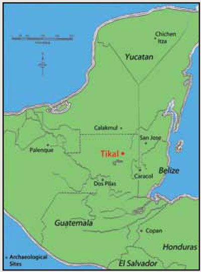 Tikal is located in northern Guatemala. This regional map of the Maya area shows Tikal and selected cities of interaction.