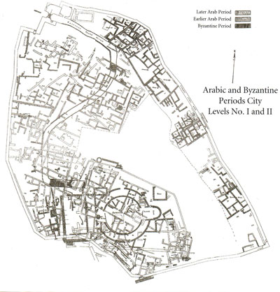 The excavators' plan of the tell, showing the relationship of the Round Church (see previous article) and the Byzantine street to the domestic structures on the Lower Terrace, to the north and east, where many of the lighting devices were found. From Beth-Shan Excavations 3. 