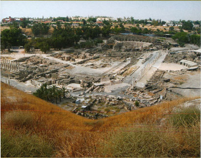 View from the tell, looking southwest across the Roman city excavated by the Hebrew University of Jerusalem, with the theater in the distance.