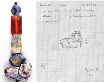 The bull amulet (Museum object #B16726, UPM image #152108) was recovered with other beads of lapis and carnelian seen in the photo.   The original field note mentions these beads and includes Wooley's drawing of a bull.  British Museum