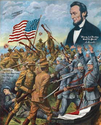 True Sons of Freedom, chromolithograph, created by Charles Gustrine, United States, 1918.  Abraham Lincoln was an inspirational figure to the African American and white population.