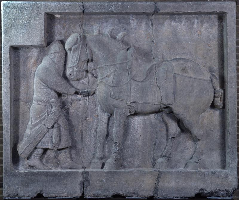 One of the Penn Museum’s two horse reliefs: Sa Lu Zi from Zhaoling, Shaanxi province, Tang period (ca.AD 636–49), stone, height 169 cm,length 206 cm, thickness 40 cm, Museum Object Number: C395